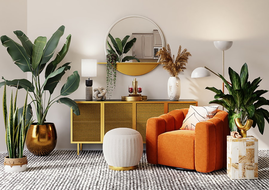 Πορτοκαλί πολυθρόνα, φυτά και καθρέφτης