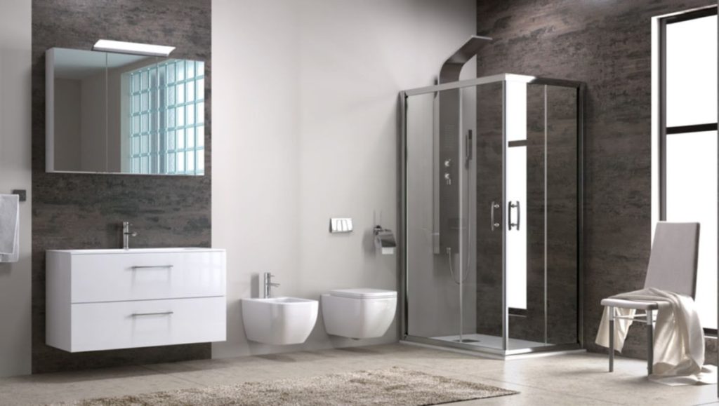 Τετράγωνη καμπίνα Τετράγωνη καμπίνα ντουζιέρας με διάφανα κρύσταλλα σε μοντέρνο μπάνιο