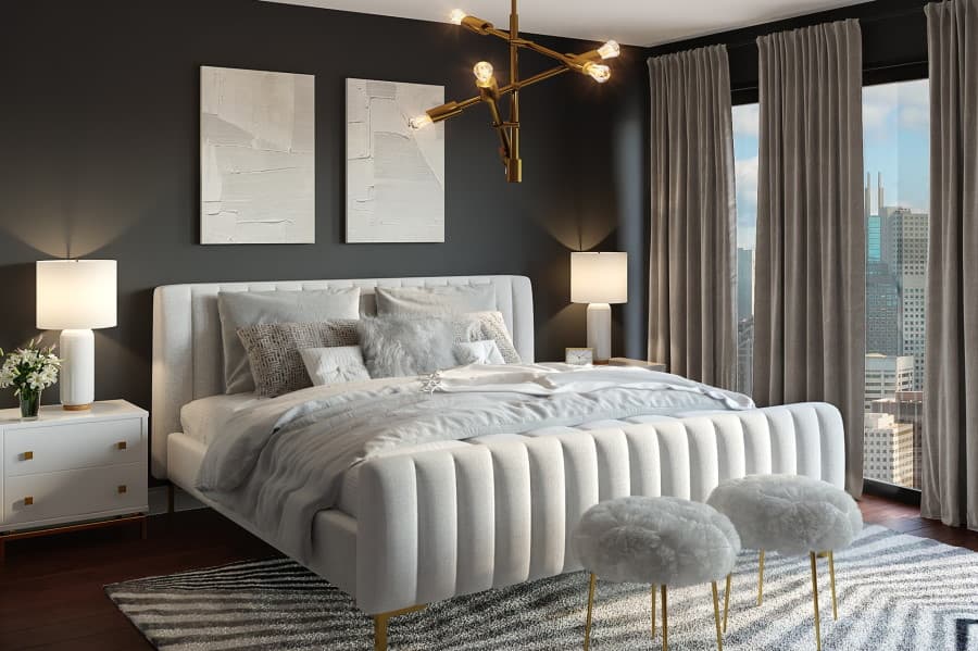 Υπνοδωμάτιο με κρεβάτι, φωτιστικά και κρεμαστό φωτιστικό