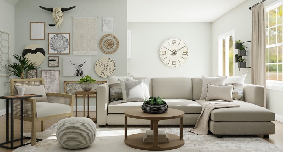 Σαλόνι με γωνιακό καναπέ, τραπεζάκι και διακοσμητικά στοιχεία