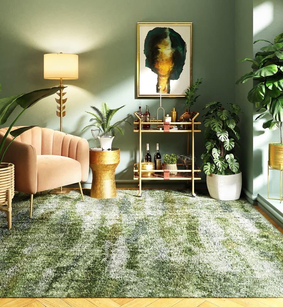 Σαλόνι με πράσινο χαλί και φυτά