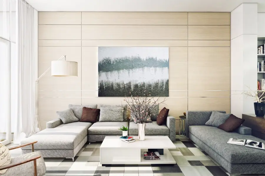 μοντέρνο σαλόνι με contemporary design και minimal διακόσμηση σε ουδέτερους τόνους