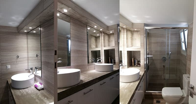 Ανακαίνιση μπάνιου με χτιστή ντουζιέρα, διπλό νιπτήρα και φωτιζόμενες εσοχές