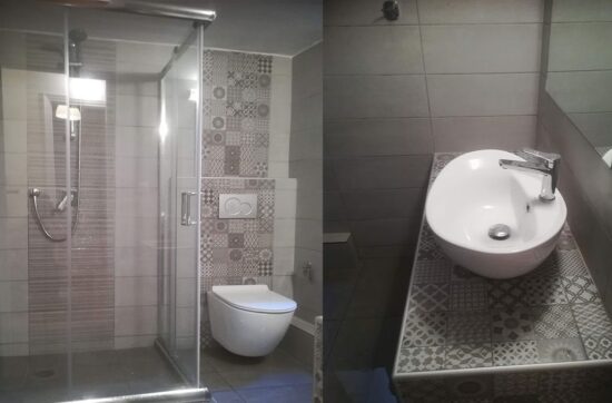 Ανακαίνιση μπάνιου στον Βύρωνα – τελικό αποτέλεσμα με χτιστή ντουζιέρα και κρεμαστή λεκάνη