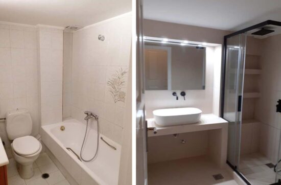 Ανακαίνιση μπάνιου στο Ίλιον με σύγχρονη ντουζιέρα και minimal σχεδιασμό