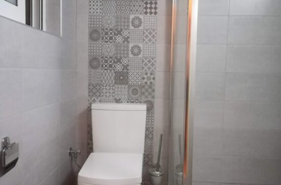 Λεκάνη μπάνιου δίπλα σε καμπίνα ντουζιέρας με διακοσμητικά πλακάκια σε ανακαίνιση μπάνιου στο Κουκάκι