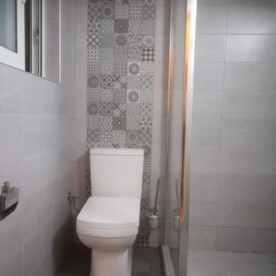 Λεκάνη μπάνιου δίπλα σε καμπίνα ντουζιέρας με διακοσμητικά πλακάκια σε ανακαίνιση μπάνιου στο Κουκάκι