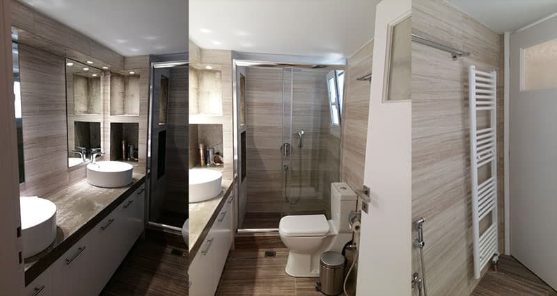 Ανακαίνιση μπάνιου με ντουζιέρα και μοντέρνα πλακάκια σε γήινους τόνους