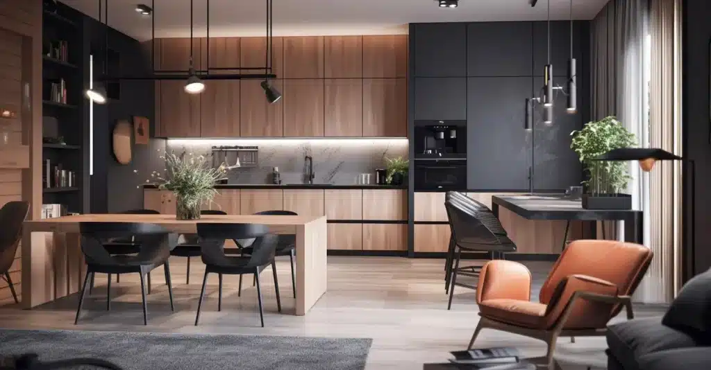 Ανακαίνιση κουζίνας με ξύλινες επιφάνειες και μαύρα ντουλάπια σε μοντέρνο minimal design