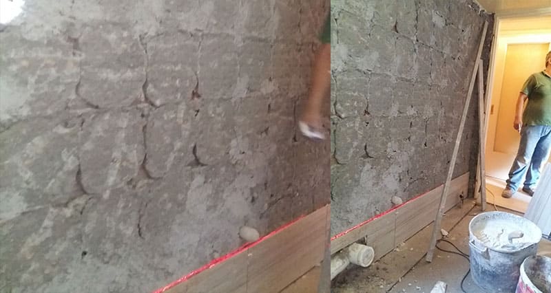 Προετοιμασία τοίχου και έναρξη τοποθέτησης πλακιδίων σε ανακαίνιση μπάνιου στον Ταύρο