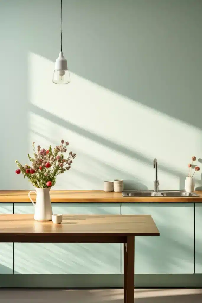 Ελαιοχρωματισμός κουζίνας με απαλό πράσινο χρώμα και φυσικό φως