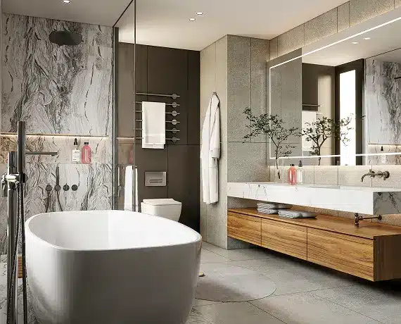 Ανακαίνιση μπάνιου με ελεύθερη μπανιέρα και μαρμάρινη επένδυση τοίχου από τη Chroma Decor