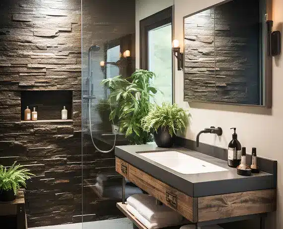 Ανακαίνιση μπάνιου με walk-in ντουζιέρα και ξύλινο έπιπλο νιπτήρα από τη Chroma Decor