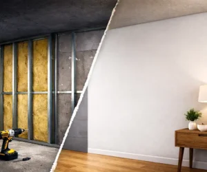 Τοποθέτηση τοίχου γυψοσανίδας πριν και μετά με μεταλλικό σκελετό και τελικό φινίρισμα